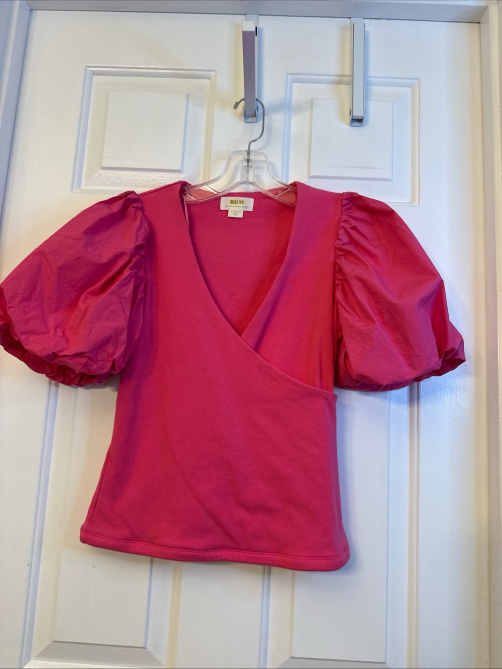 Anthropologie Maeve Barbie Pink Surplice V Neck Stretchy Puff Sleeve Top XS